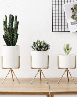 Set of 3pcs Ceramic Flower Planters with Iron Shelf